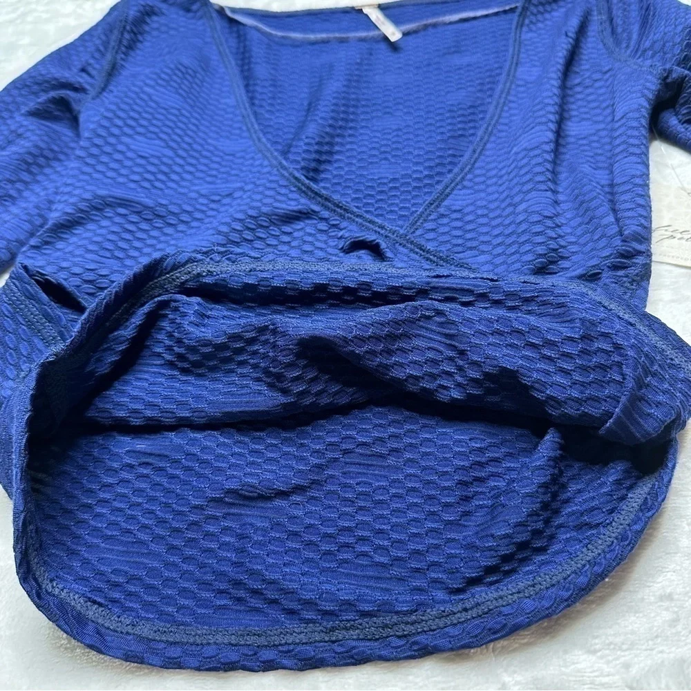 Free People Penny Plunge Neckline Wrap Long Sleeve Stretch Top in Navy Ink NWT